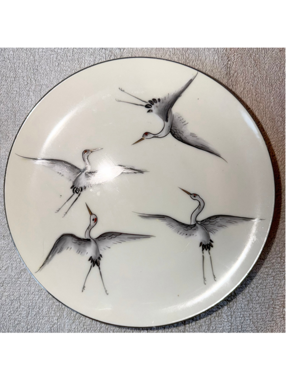 Vintage Hand-Painted Japanese Porcelain Crane Plate Red-Crowned Tancho Birds 7”